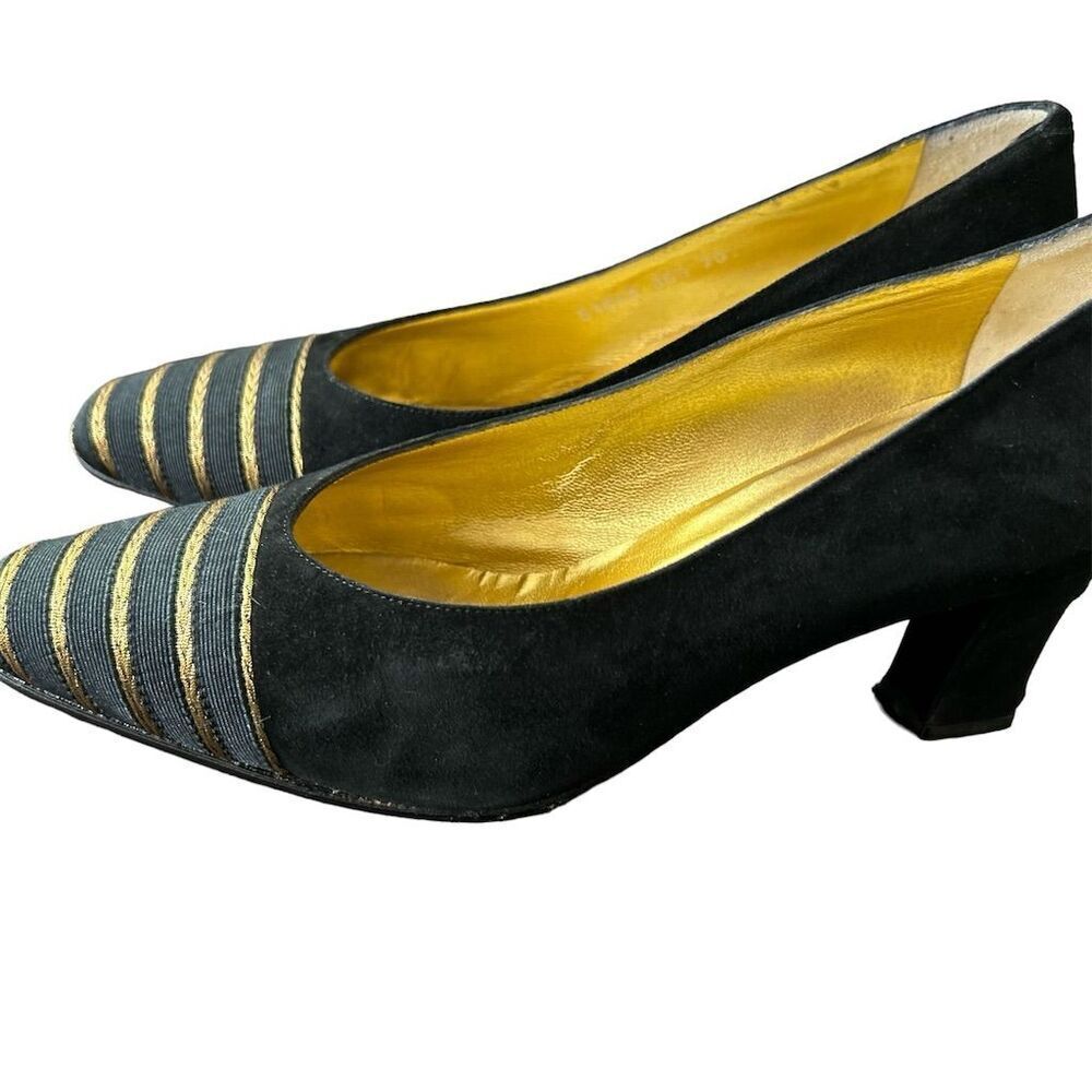 Ballin Women's‎ Black & Gold Mid Heel Pumps Closed Toe Striped Slip On 36.5